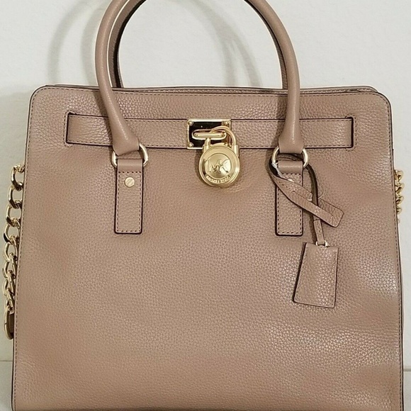 MICHAEL KORS HAMILTON LARGE TAN DARK KHAKI LEATHER GOLD LOCK NS TOTE BAG - Picture 1 of 7